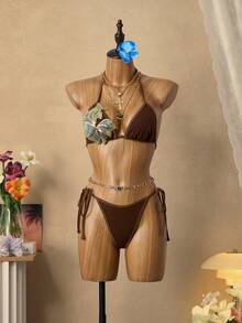 Bellisia Bộ 3 món đồ bơi nữ họa tiết hoa nhiều màu sắc, thích hợp cho mùa hè. - màu nâu - Xem 4