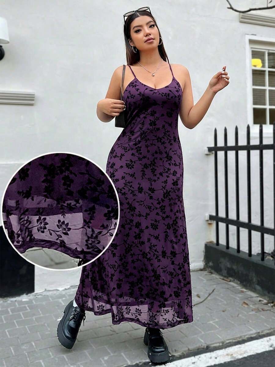 SHEIN EZwear Lila Blume Muster Modisches Trägerkeid mit Mesh in Große Größen - Violett - Übersicht 1