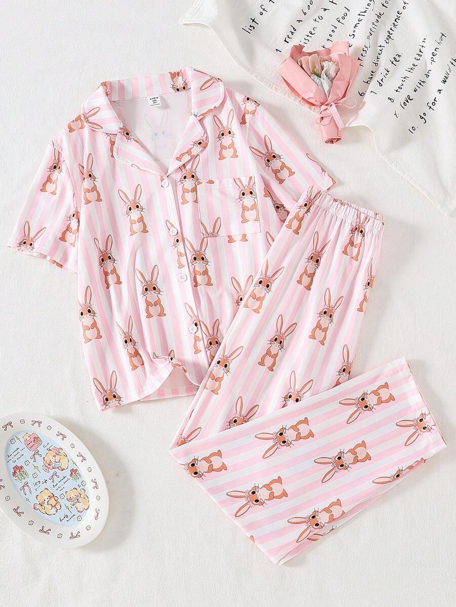 2件套女童休闲可爱兔子条纹印花开衫短袖和裤子睡衣套装 - 彩色 - 查看 1