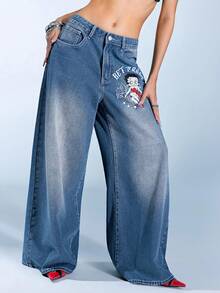 Betty Boop | ROMWE 哥特十字架和藤蔓玫瑰图案刺绣做旧水洗超大直筒加长Y2K牛仔裤 - 淺色水洗藍 - 查看 4