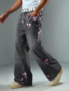 ROMWE MEN Street Life Men's Floral Pattern Pocket Wide Leg Loose Casual Jeans - Black - View 1