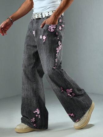 Street Life Herren Jeans mit weitem Bein und Blumenmuster auf der Tasche, lässig und locker