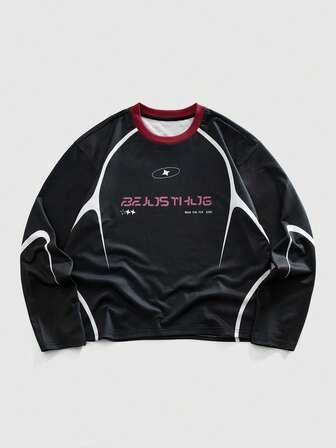 Camiseta casual de manga larga con cuello redondo y contraste de color para hombre