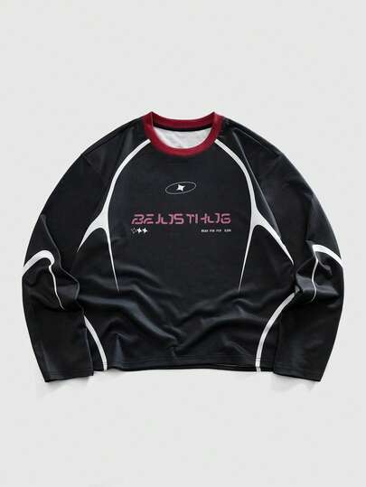 Camiseta casual de manga larga con cuello redondo y contraste de color para hombre