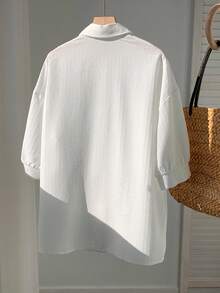 SHEIN EZwear Linen Solid Drop Shoulder Button Front Beach Shirt - White - View 2