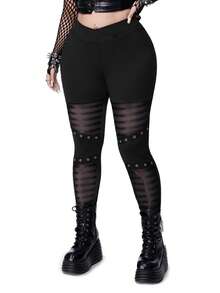 Whyspr 大码朋克风鸡眼织带条纹紧身裤 - 黑色 - 查看 8