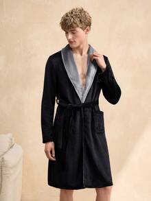 Contrast Color Shawl Collar Double Pocket Men's Robe, Autumn/Winter - Black - View 3
