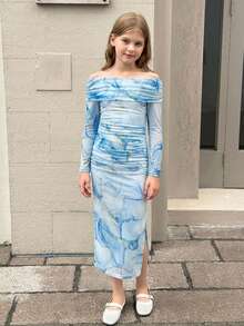 SHEIN Tween Girls Snug Fit Casual Minimalist Comfortable Off-Shoulder Cinched Waist Midi Dress - Baby Blue - View 4