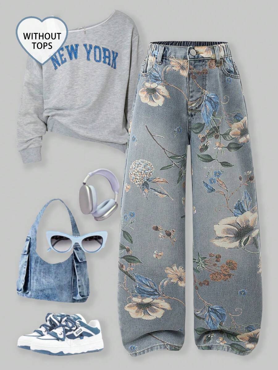 SHEIN 少女复古水洗碎花阔腿牛仔裤,Y2K复古风,休闲可爱,适合日常出行、上学、聚会、居家、度假、返校季、节日庆典,春夏秋冬皆宜。 - 藍色 - 查看 1