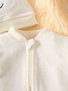 SHEIN 秋季婴儿，新生儿米色熊印花连帽拉链连脚连体衣，休闲可爱婴儿服装套装 - 杏色 - 查看 3