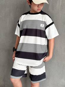 Mirajuku 2pcs/Set Boys' Black And White Striped Contrast Sleeve Round Neck T-Shirt Set,Autumn Casual City Break Outfit For Daily,Commute,School,And Sports Wear - Multicolor - View 1