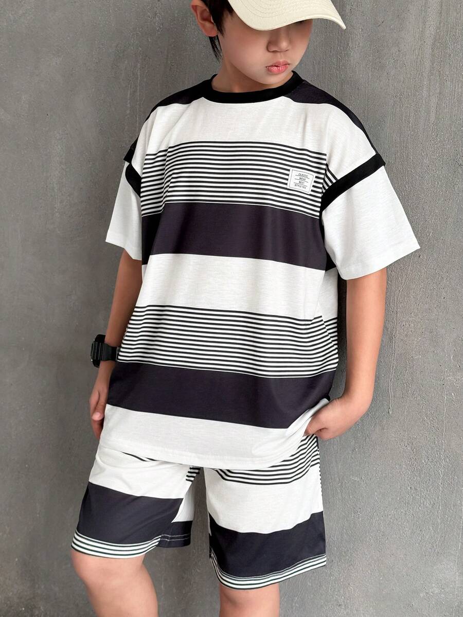 Mirajuku 2pcs/Set Boys' Black And White Striped Contrast Sleeve Round Neck T-Shirt Set,Autumn Casual City Break Outfit For Daily,Commute,School,And Sports Wear - Multicolor - View 1