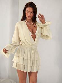 Aloruh 女士杏色优雅浪漫性感迷人时尚约会外出度假露背系带深V领镂空袖层叠荷叶边网纱迷你连衣裙，春夏款 - 杏色 - 查看 5