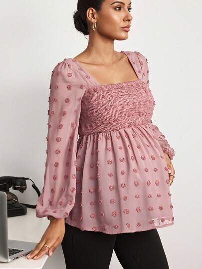 MaterniWear Office,Business Casual Woman Fall Clothes,Autumn Clothes,Materity Autumn Clothes Maternity Maternity Solid Color Gathered Square Collar Lantern Sleeve Ruffle Hem Fashionable Blouse