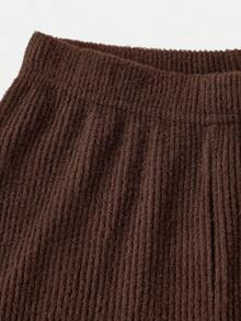 SHEIN 两件套少女休闲针织不对称领T恤和阔腿裤套装，适合秋冬季日常休闲穿着 - 棕色 - 查看 3