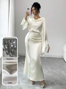 Modelyn 优雅杏色袖口饰有花卉蕾丝下摆的女式连衣裙 - 淡黃色 - 查看 5