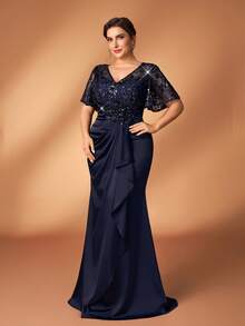Serin Plus Size Elegant Navy Blue Winter Dress,Formal Party Wedding Mother Of The Bride Sequin Floral Lace Applique Elastic Satin Ruffle Sleeve Gown - Blue - View 7