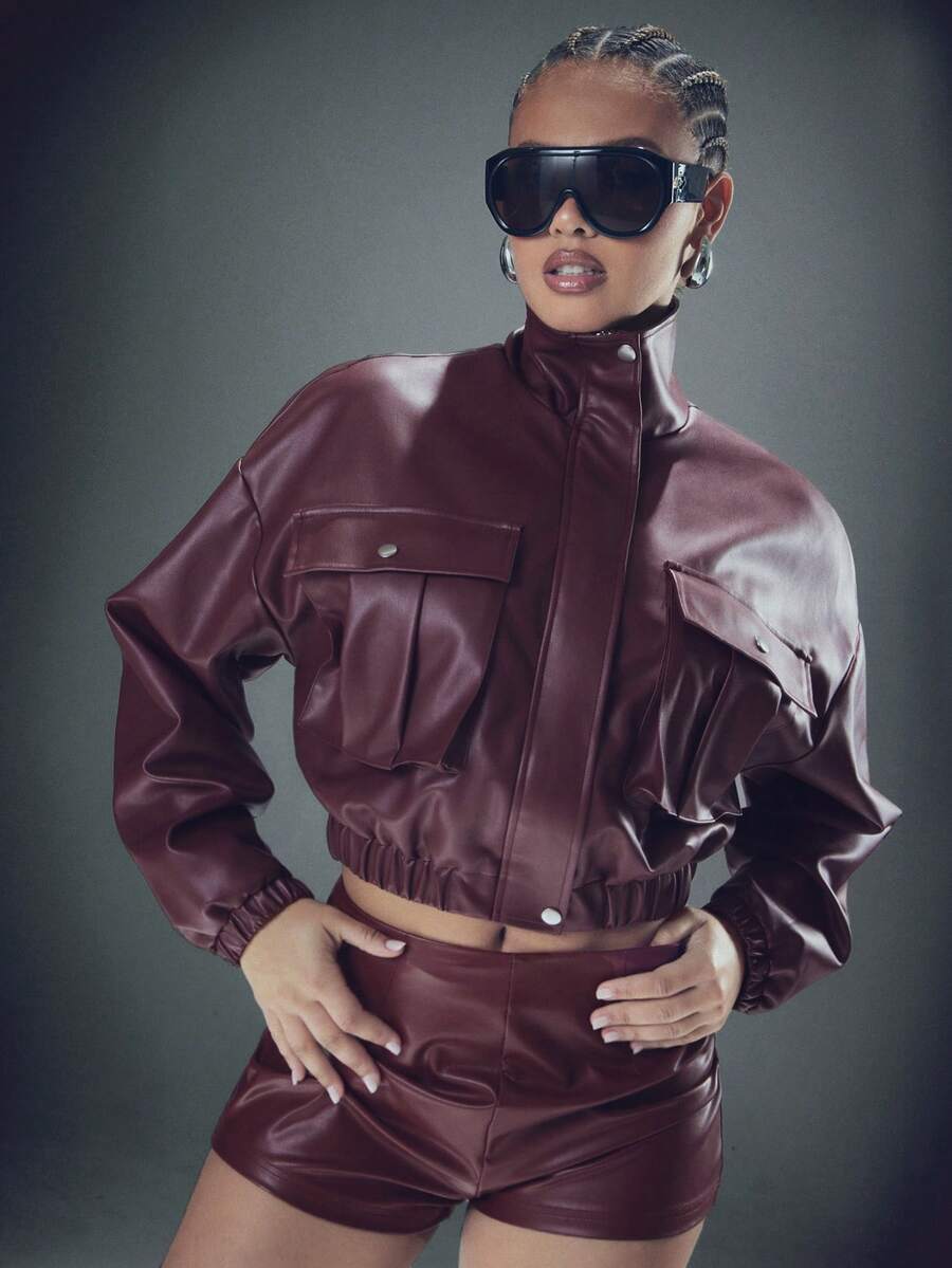 Denimoi High Neck Front Zip Cinched Waist Faux Leather Jacket With Cargo Pockets Fashionable Jackets