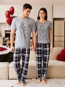 CoupledUp 熊图案格子印花男士休闲睡衣套装 - 灰色 - 查看 6