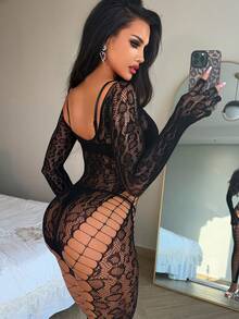 Women's Sexy Hollow Out Mesh Off-Shoulder Fingerless Gloves Tight Bodystocking - Black - View 2