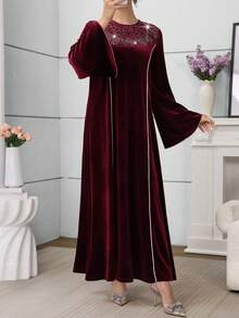 Al Najma Women's Elegant Velvet Colorblock Rhinestone Collar Patchwork Dress, Fashionable For Autumn/Winter Kaftan Jalabiya Dress - Burgundy - View 4