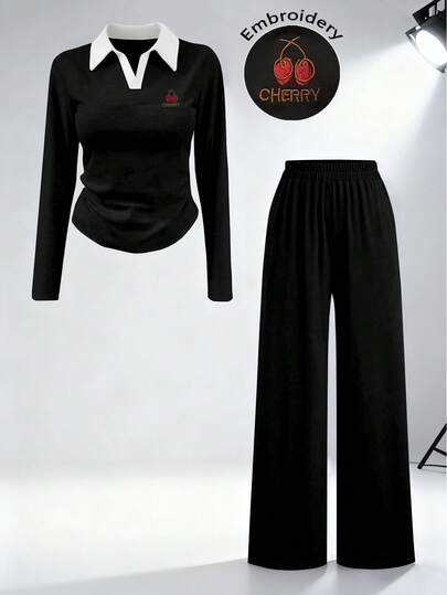 Airaco Women's Contrast Collar Cherry Embroidery Long Sleeve Top And Solid Color Pants 2 Pieces Casual Set