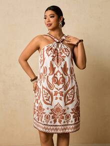 Travachic 大码波西米亚热带印花露背吊带连衣裙，休闲度假风，夏季沙滩裙，度假装扮 - 彩色 - 查看 4