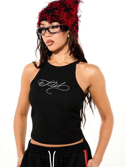 SUMWON WOMEN Ribbed Black Sleeveless Tank Top With Decorative White Script Logo Chest Print Crop Length Racerback Design