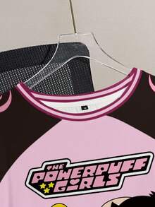 THE POWERPUFF GIRLS X SHEIN Plus Size Women Summer Casual Street Funny Cute Cartoon Letter & Flame Print Contrast Color Raglan Sleeve T-Shirt - White - View 3