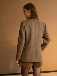 MOTF PREMIUM 女士羊毛和PU皮革拼接双排扣西装外套