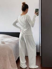 Livesso 2pcs Women Ditsy Floral Ruffle Collar Cardigan & Pants Pajama Set - Light Grey - View 2