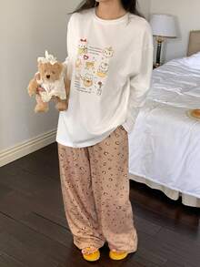 DAZY Conjunto de pijama con parte superior estampada con oso de dibujos animados y pantalón estampado con estampado de leopardo para mujer - Blanco - Ver 9
