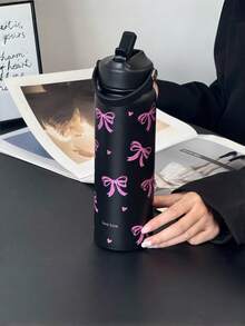 1pc 800ml Large Stainless Steel Insulated Travel Mug With Bow Print - Reusable, Durable Coffee Cup With Portable Handle & Foldable Straw - Perfect For Valentine's Day, Christmas, Graduation, Back To School, Gifts, Daily Use, Office & Outdoor Sports - Multicolor - View 8