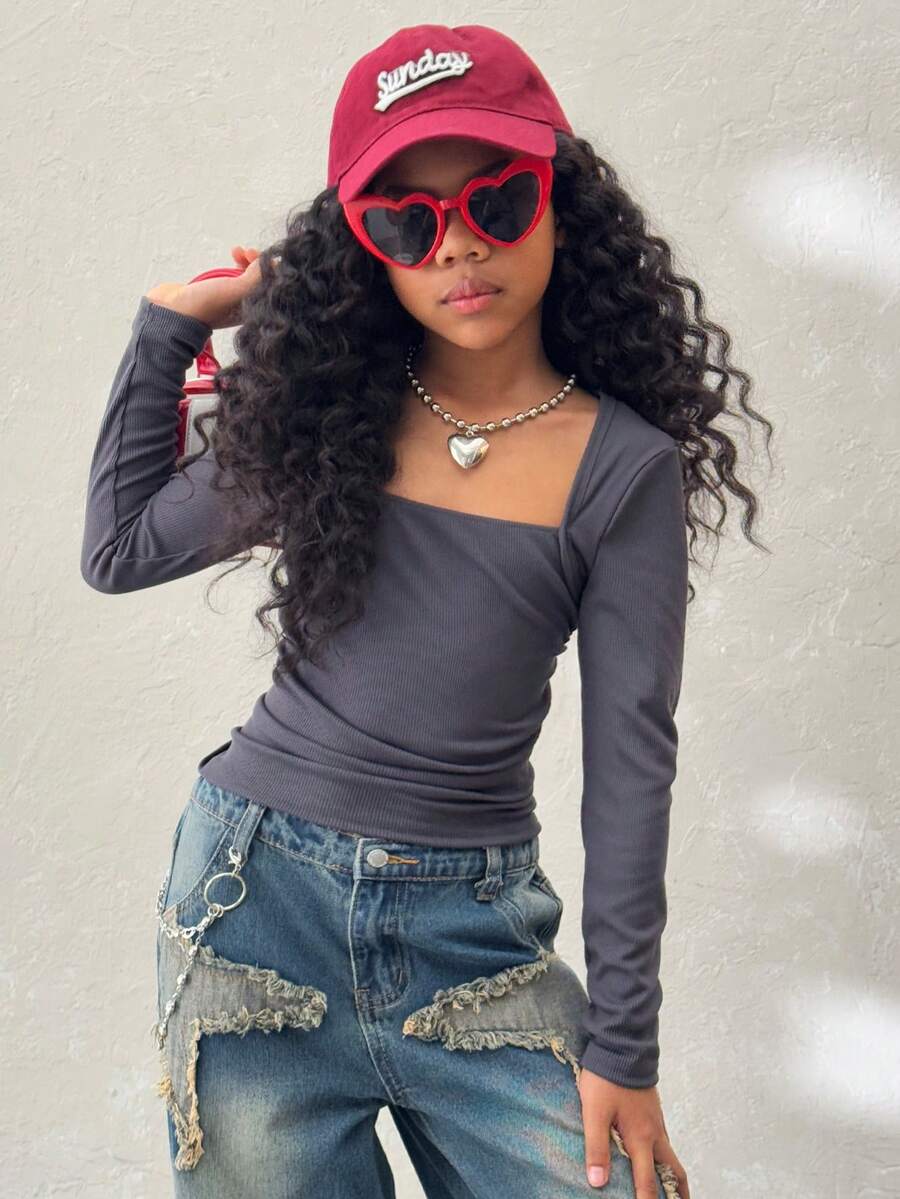 Coolane Áo thun nữ mùa thu thời trang ôm sát, tay áo raglan, cổ chữ U, eo nhún, co giãn - Màu xám đen - Xem 1