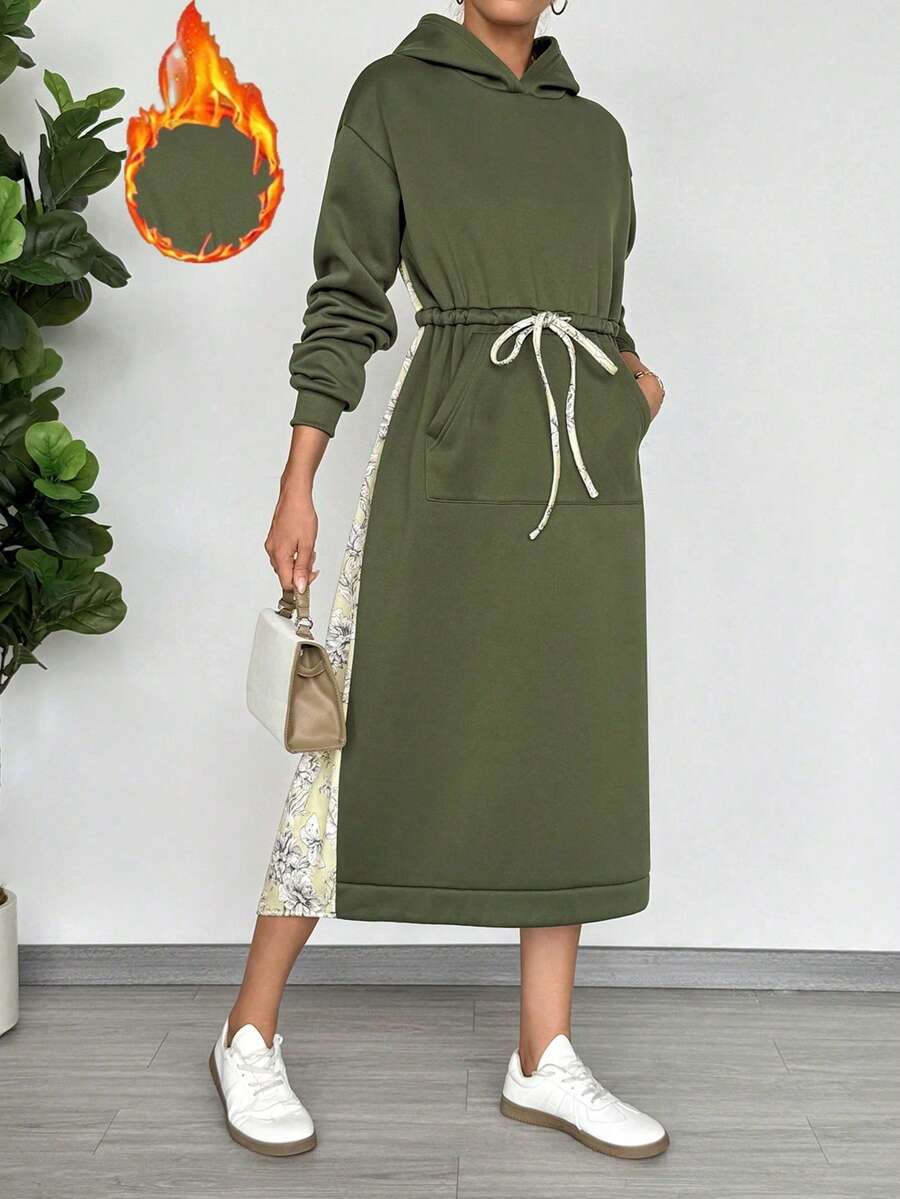 SHEIN LUNE 女士宽松休闲卫衣连衣裙，撞色拼接印花设计，适合秋冬季穿着 - 軍綠色 - 查看 1
