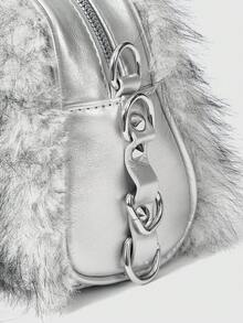 ROMWE Grunge Punk Túi đeo vai giả lông thú và đinh tán phong cách Y2K, túi xách mùa đông sang trọng kiểu Punk cho trang phục mùa thu/đông. - Bạc - Xem 6