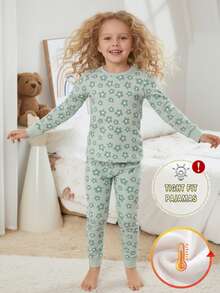 2件套女童碎花针织加厚抓绒圆领长袖上衣和打底裤家居服套装，冬季 - 彩色 - 查看 5