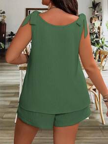 Vionelle Bộ đồ đôi nữ cỡ lớn màu trơn gồm áo tank top và quần short, màu xanh lá cây, quần short nữ, bộ đồ ngắn cho nữ, bộ đồ ngắn đi nghỉ mát, bộ đồ ngắn thường ngày, bộ đồ ngắn bằng vải lanh. - Màu xanh lá cây đậm - Xem 2