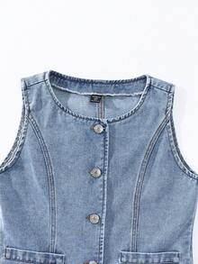 Girls' Single-Breasted Sleeveless Top And Wide-Leg Jeans Casual Outfit - Blue - View 4