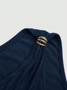 Sweetra Áo liền thân dáng ôm dành cho nữ, màu trơn, vai bất đối xứng, kiểu dáng thường ngày, có trang trí kim loại và bèo nhún. - Màu xanh hải quân - Xem 6