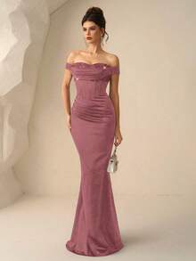 Coutiva 女士优雅亮片拼接露肩鱼尾正式晚礼服 - 粉色 - 查看 3