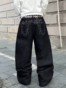 Manfinity EMRG 男士街头时尚休闲刺绣宽松阔腿牛仔裤 - 黑色 - 查看 2