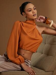 Hauture Women's Sexy One Shoulder Swing Collar High Mock Neck Long Sleeve Blouse Top - Chocolate Brown - View 1