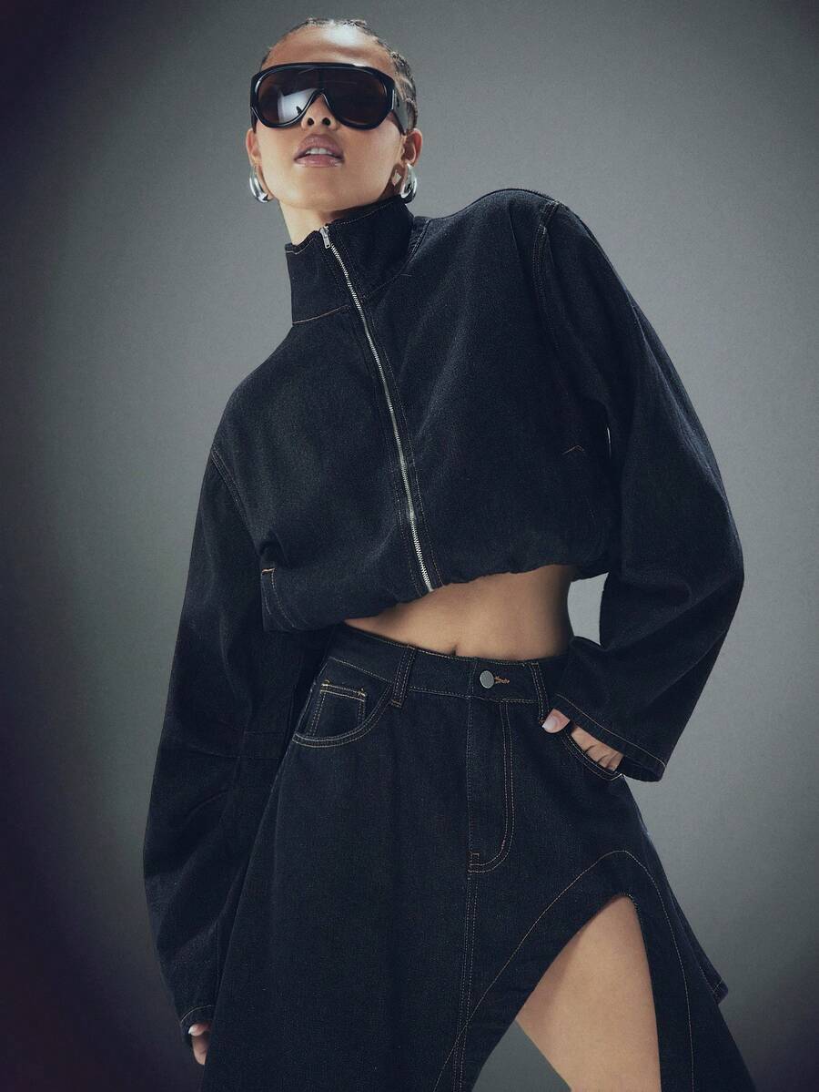 Denimoi High Neck Zip Front Barrel Sleeve Cinched Waist Denim Jacket Denim Cropped Jacket Fashion Denim - Dark Wash - View 1