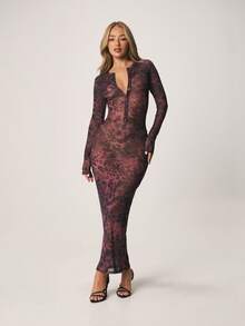 MISSGUIDED Burgundy Animal Print Button Front Long Sleeve Bodycon Maxi Dress With Sheer Mesh Fabric For Evening Party Occasions - Multicolor - View 1
