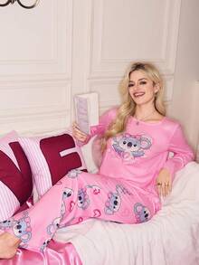 SweetSlumber 女士可爱甜美蝴蝶结、考拉、爱心印花圆领长袖舒适睡衣套装 - 彩色 - 查看 5