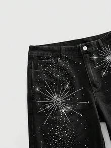 ROMWE MEN Street Life Men's Rhinestone Button Fashionable Versatile Vacation Denim Shorts - Black - View 1