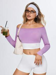 Eassivo Eassivo Damen Lässiges Kontrast Farbiges Off-Shoulder Langarm Sport T-Shirt - Violett - Übersicht 1