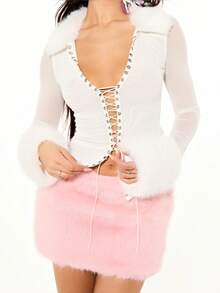 SUMWON WOMEN Mesh Lace-Up Ribbed Top With Fur Trim Sleeves And Deep V-Neck Long Sleeve Bodycon Fitted Blouse For Valentine - White - View 6