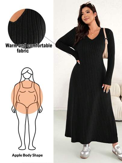 Shapeblank 大码女装秋冬时尚休闲宽松舒适日常百搭V领抓绒腋下黑色长袖长连衣裙，秋季穿搭，简约风格，曲线连衣裙，冬季连衣裙